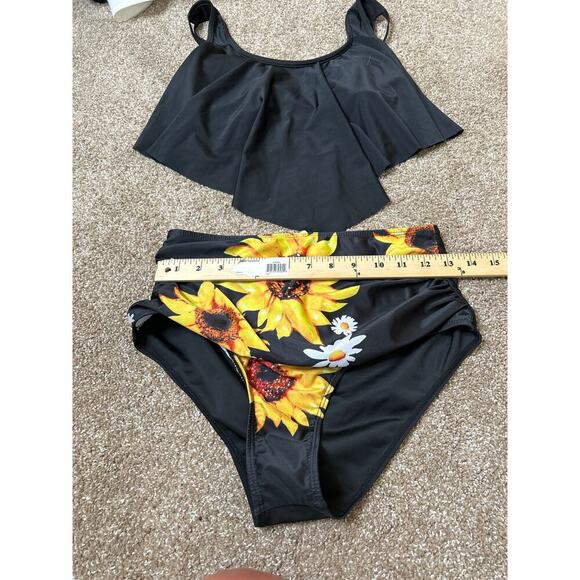 2 piece bikini high waisted bottom ruffle top sunflower bottom SZ M modest swim - Picture 6 of 7
